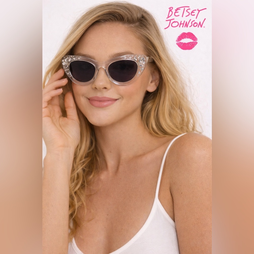 Betsey Johnson Clear Crystal Cat-Eye Sunglasses with Dark Lenses